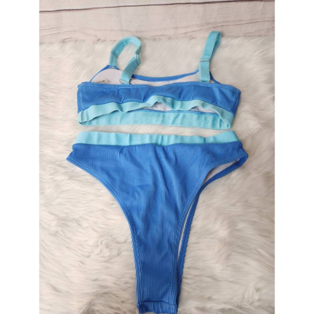 Shein Womens Bikini Swimsuit Blue Turquoise Color Block Retro High Cut Ribbed L - Picture 2 of 7